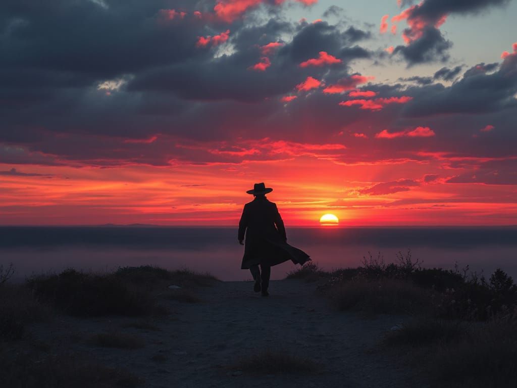 Dystopian Figure Running Towards the Horizon