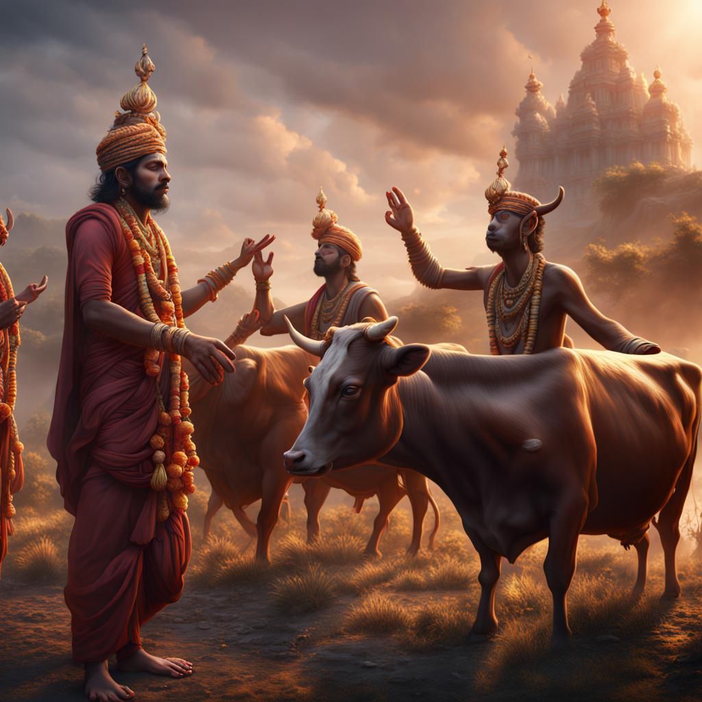 Hindu Men Worshipping Cows: Detailed Matte Painting