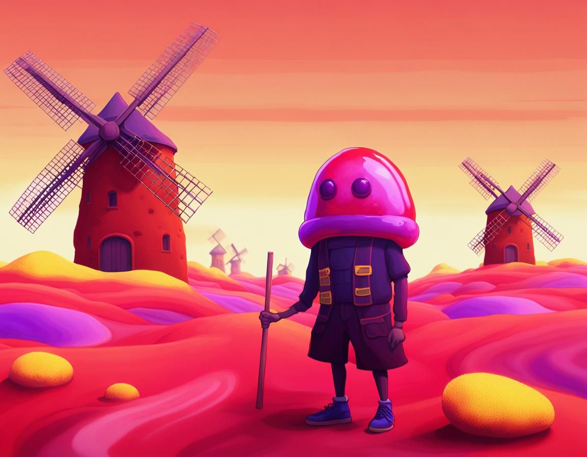 Jelly Creature Guards Cake Windmill in Synthwave Style