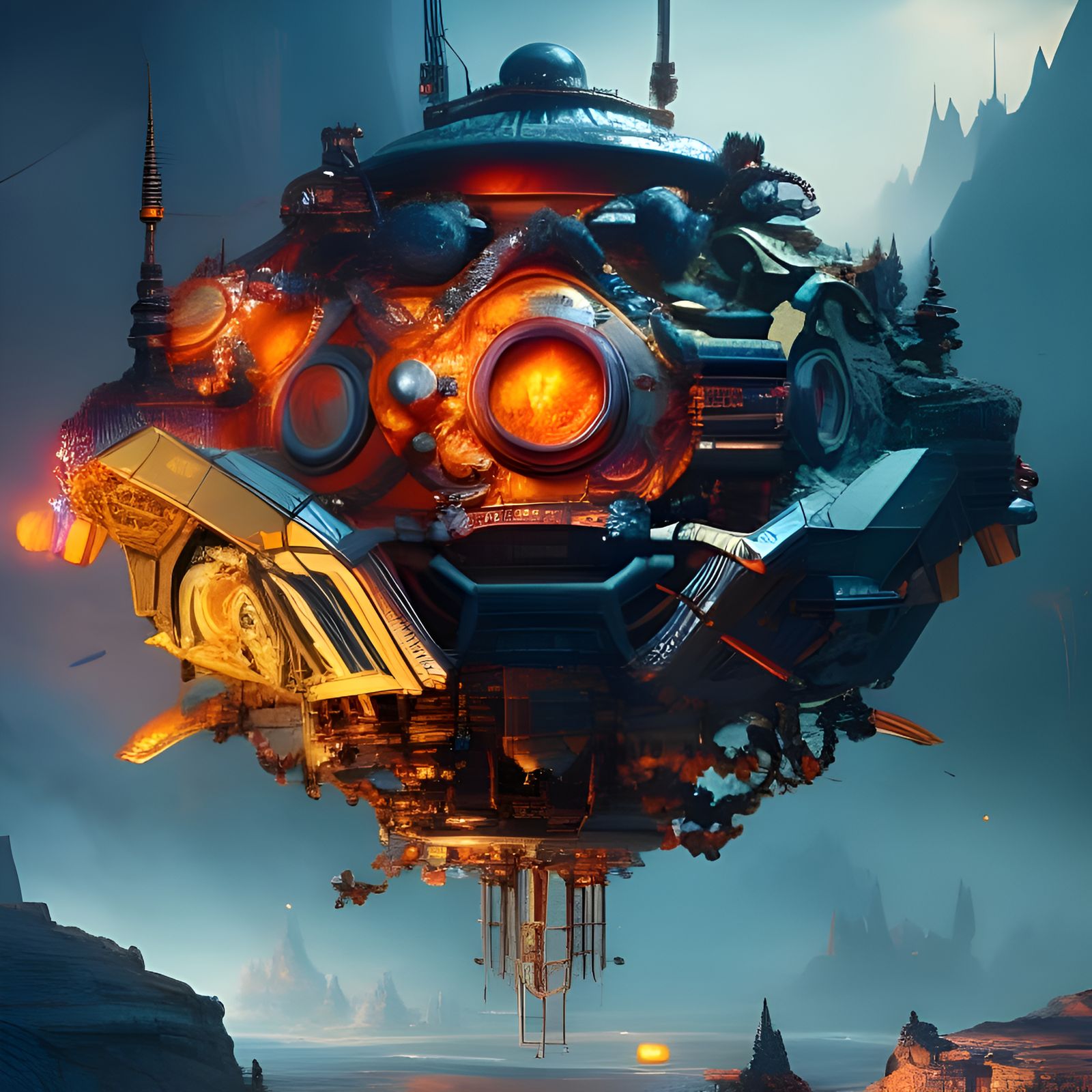 Mechanical Cube Floating in Space: Intricate Digital Art