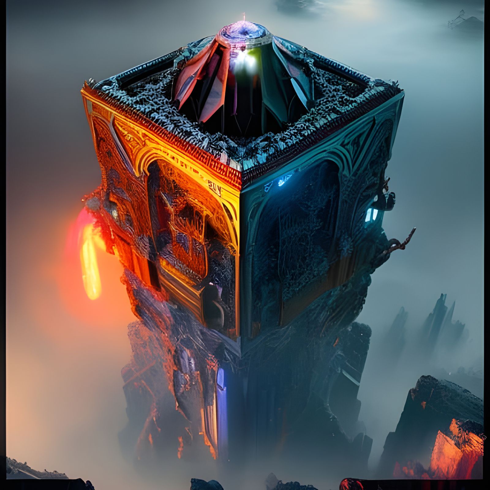 Mechanical Cube Floating in Space: Digital Art