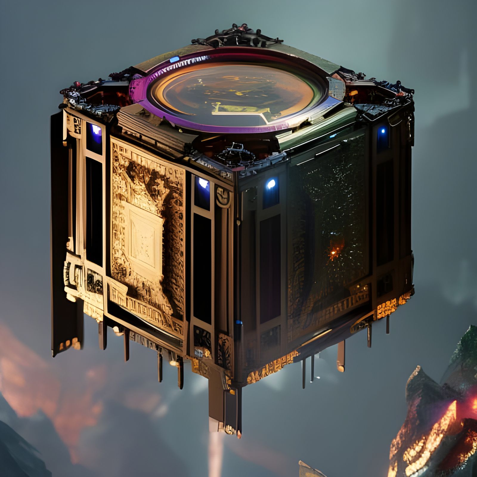 Isometric Mechanical Cube Floating in Space, Digital Art