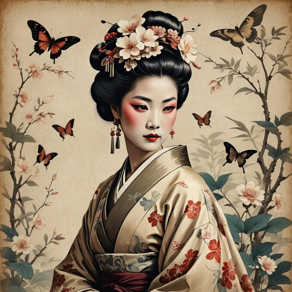 Elegant Portrait of Madame Butterfly in Vintage Style