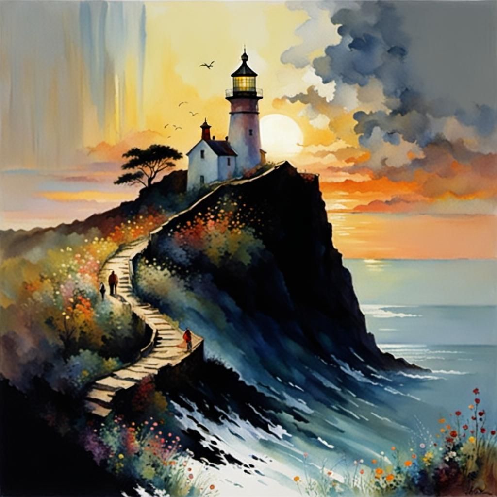 Lighthouse on Floral Cliff at Sunset: Impressionistic Style