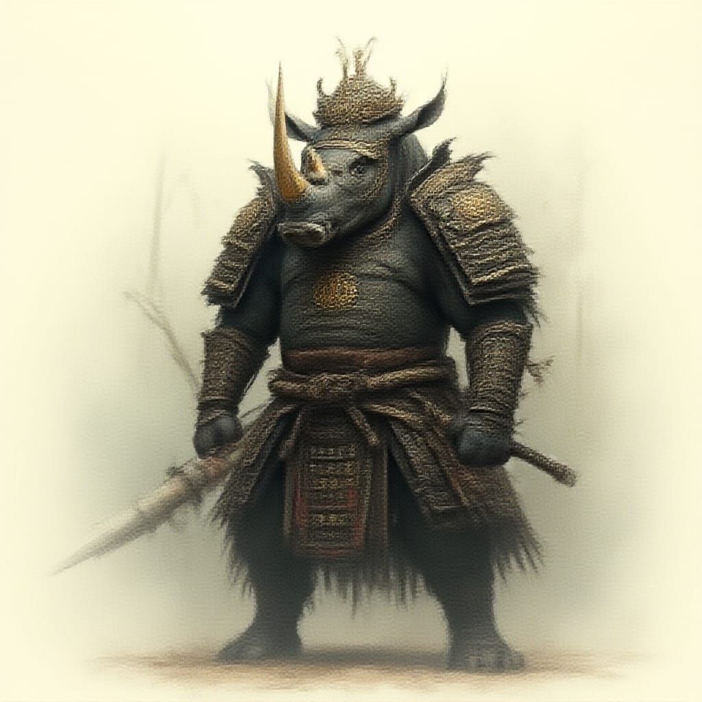 Majestic Samurai Rhinoceros in Traditional Japanese Armor