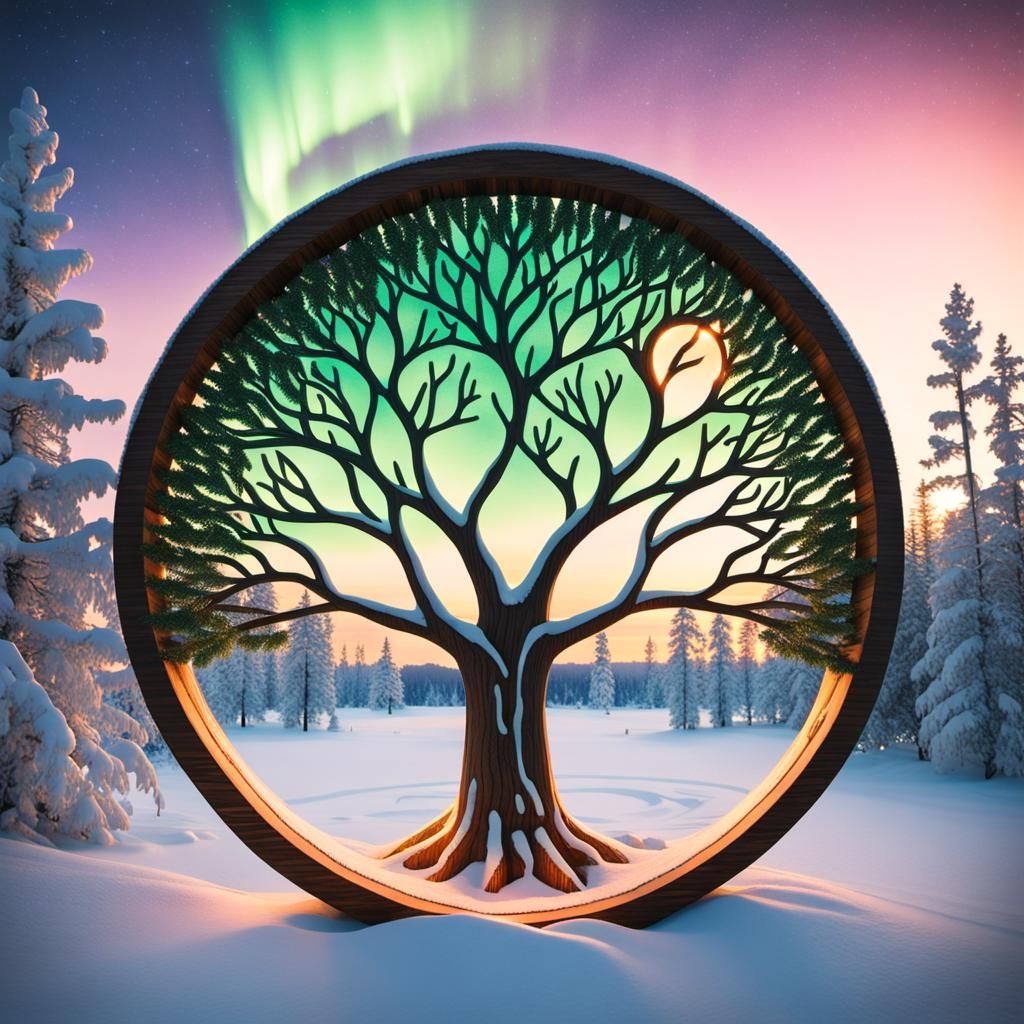 Scandinavian Tree of Life with Aurora Borealis