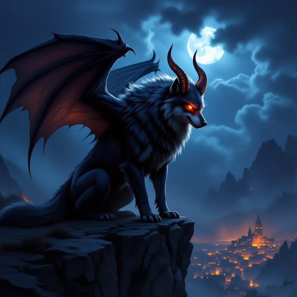 Wolf Dragon Silhouette on Stormy Peak