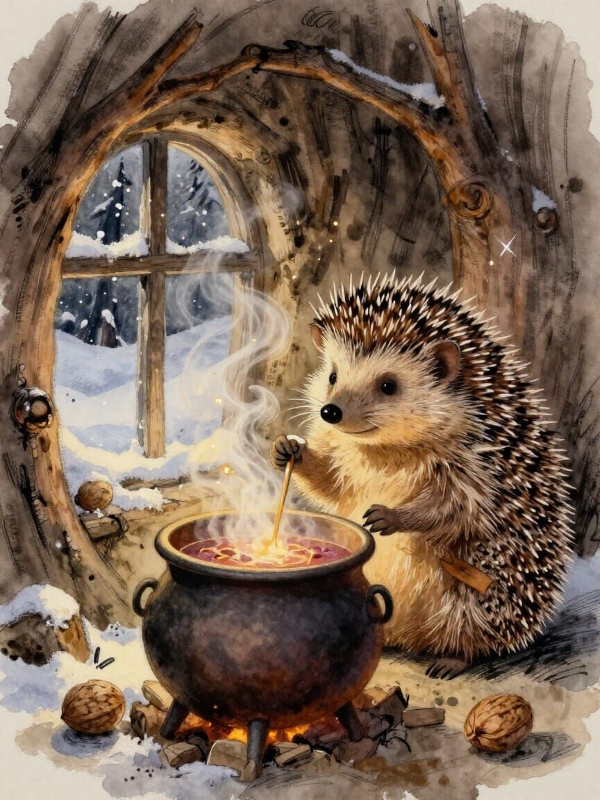 Hedgehog Apprentice Brews Magical Winter Potion