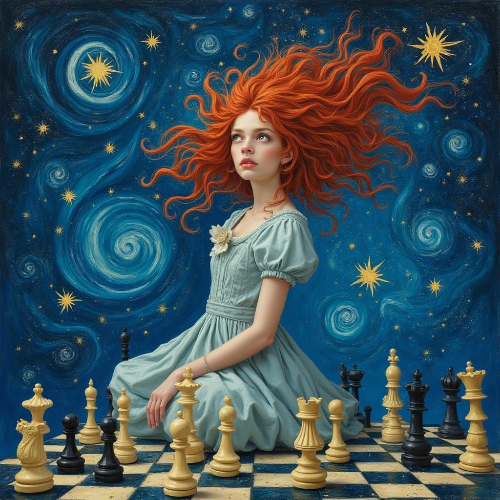 Starry Night Chess Prodigy in Cosmic Art Nouveau Style