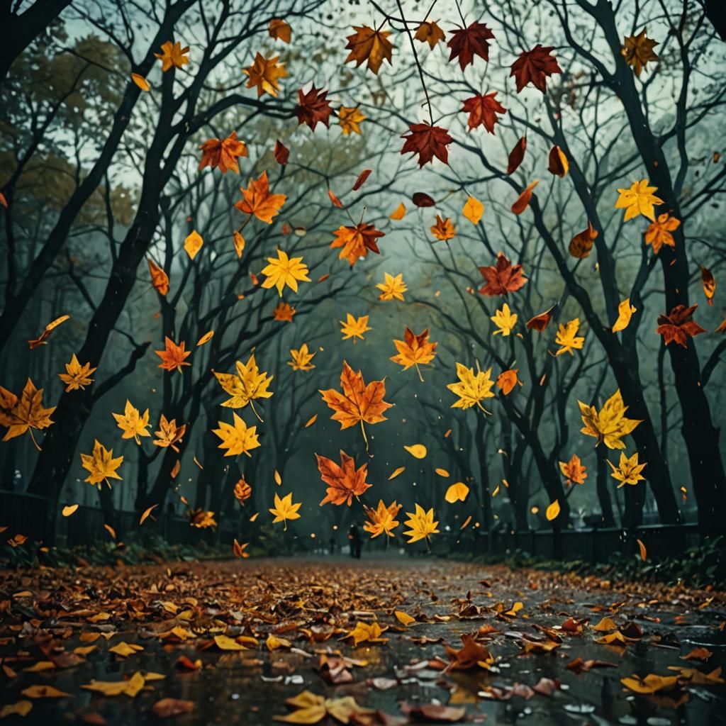 Reverse Gravity Autumn Scene in Cinematic Style