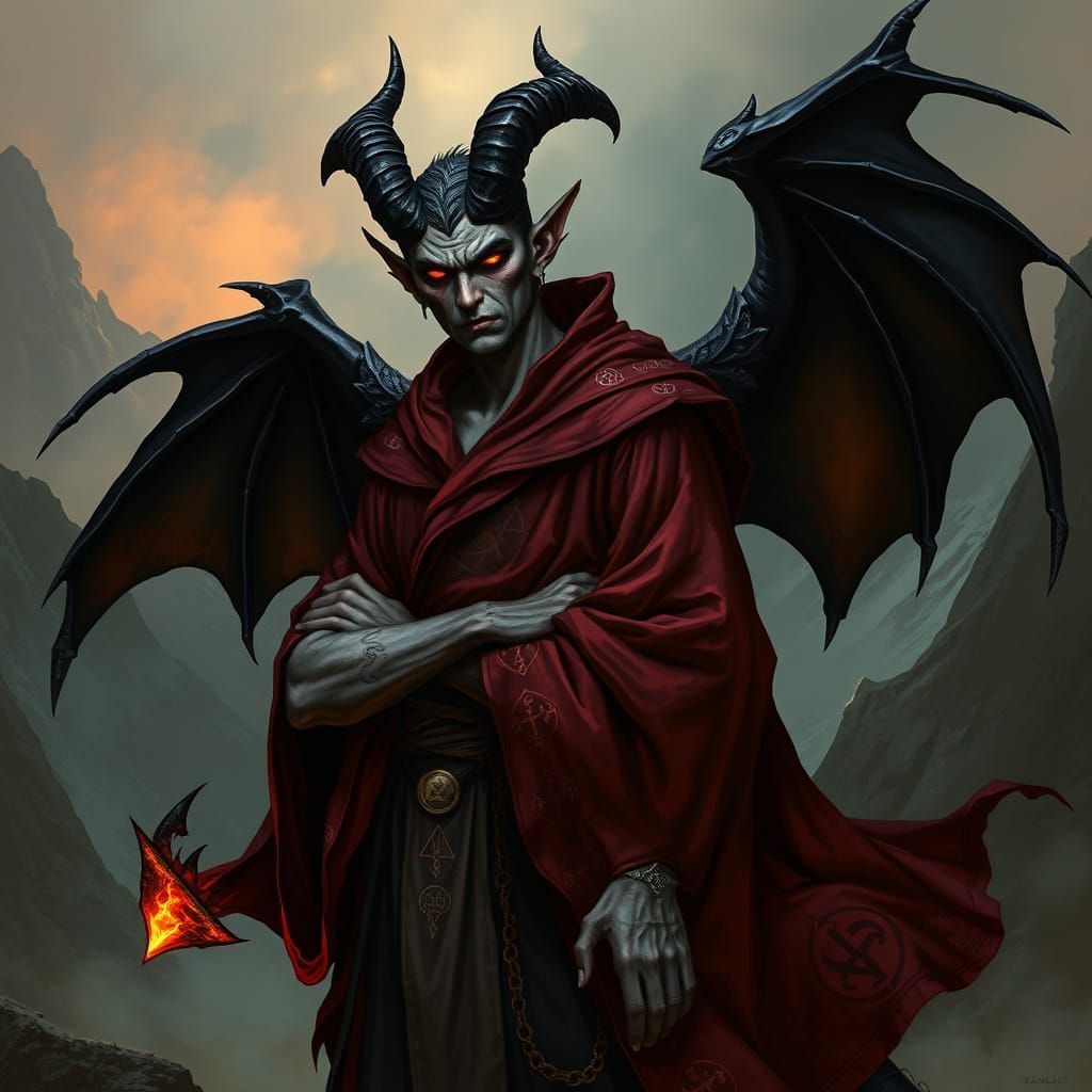 Tiefling Sorcerer in Dark Fantasy Landscape