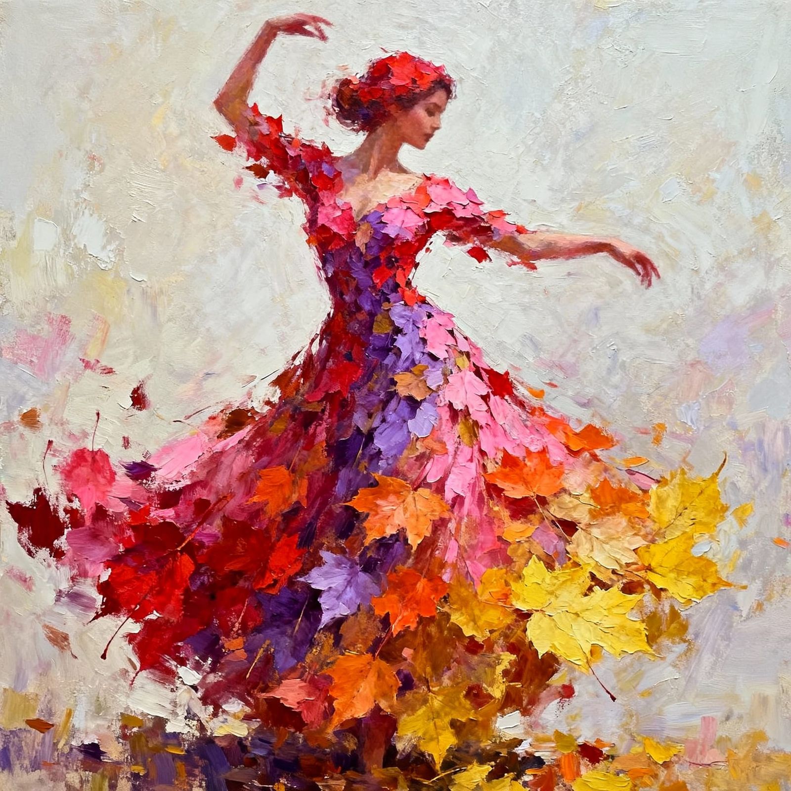 Autumn Leaves Dress: Abstract Woman Dancing in Vibrant Style