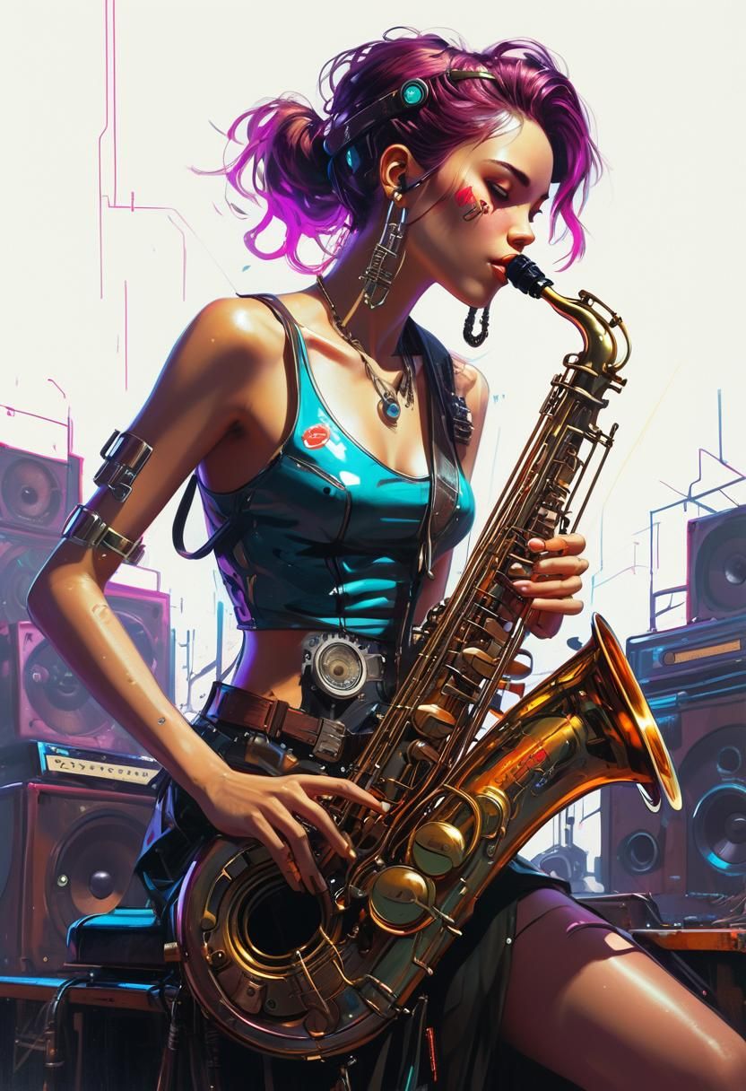 Saxophonist in Neon Cyberpunk Stage with Steampunk Engine