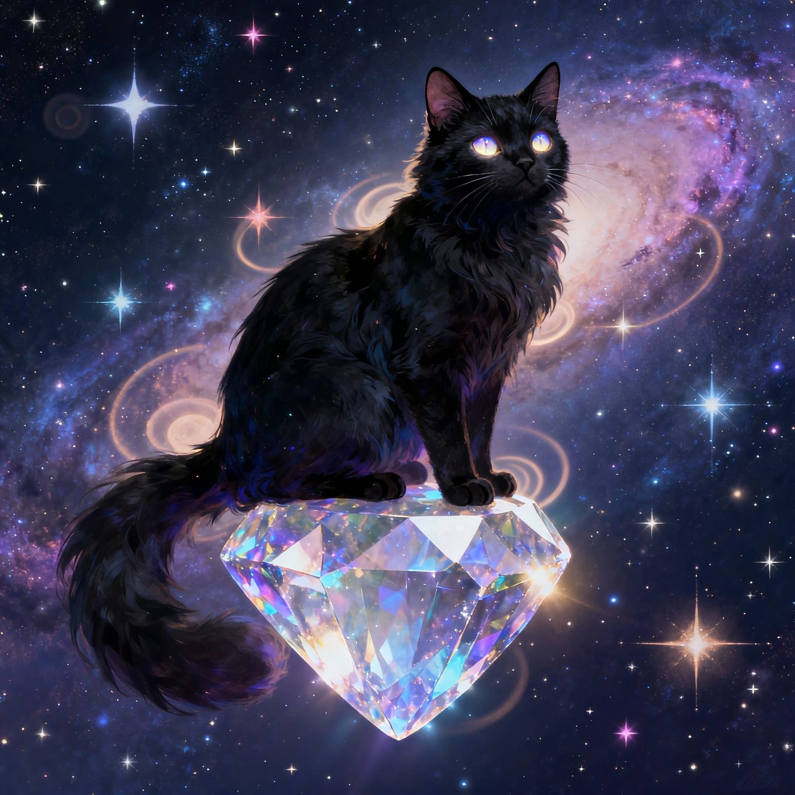 Mystical Black Cat On Crystal In Starry Galaxy