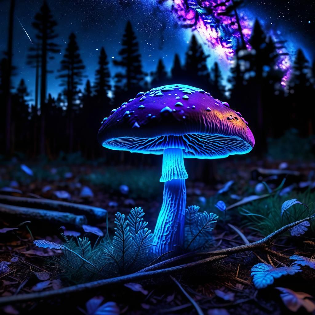 Bioluminescent Mushroom in Dark Forest, Magical Night