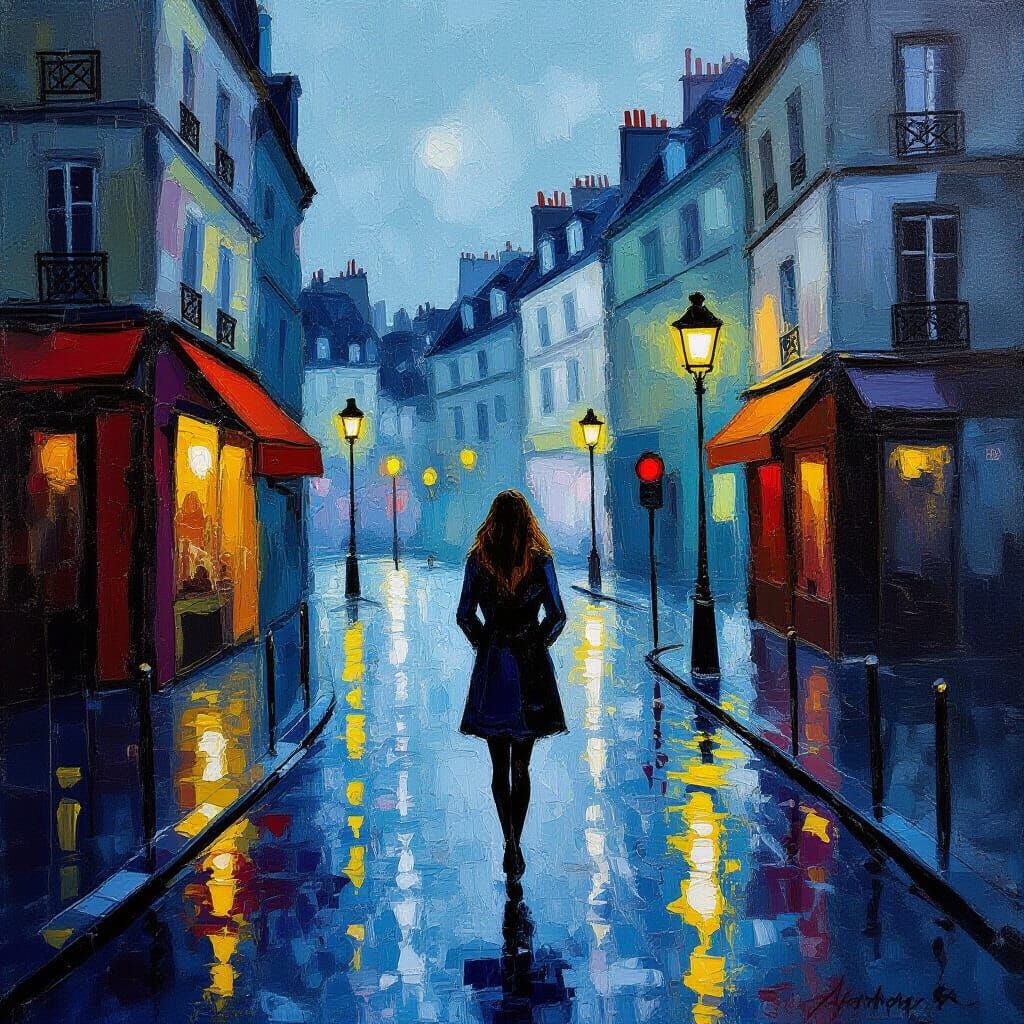 Solitary Woman on Rainy Parisian Street at Dusk in Cubist St...