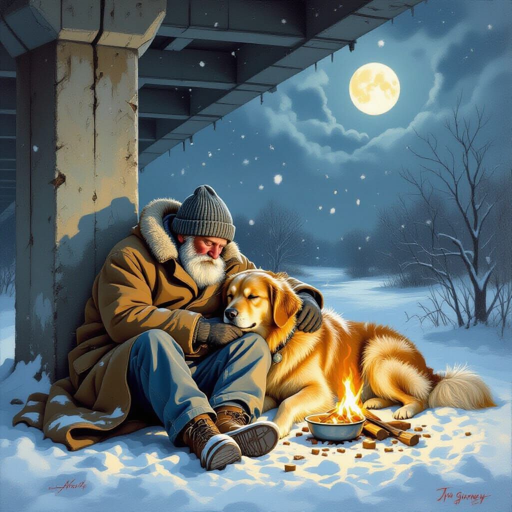 Homeless Man and Dog Find Solace Under Snowy Overpass