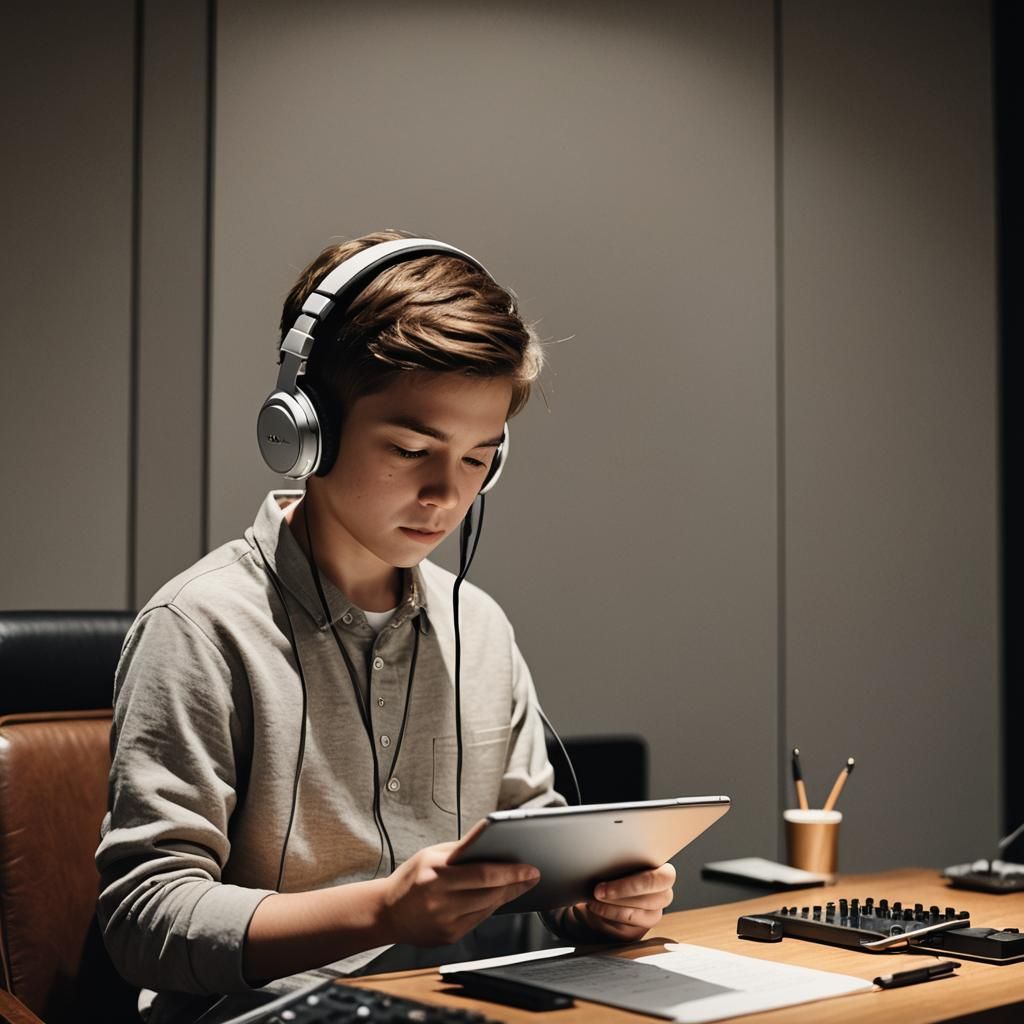Boy in Minimalist Music Studio with Tablet