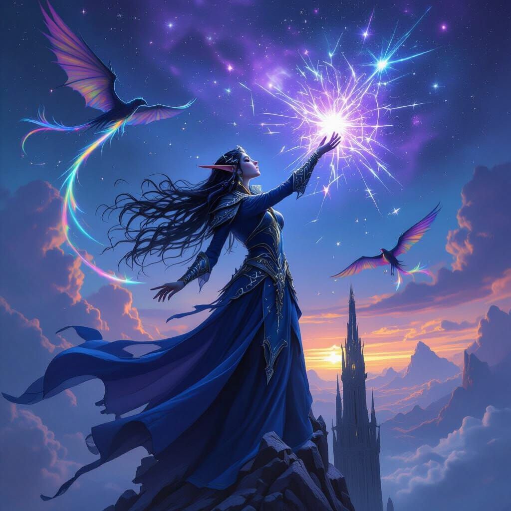 Arcane Mage Casting Spells with Dragonhawks Under Nebula Sky