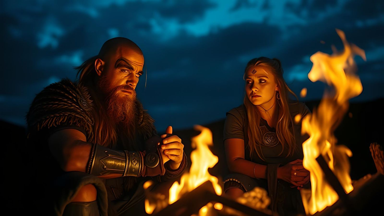 Viking Warriors Praying Before Battle at Night