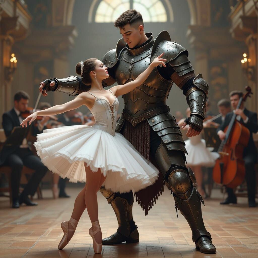 Armored Teen Dances with Ballerina: Fantasy Art Portrait
