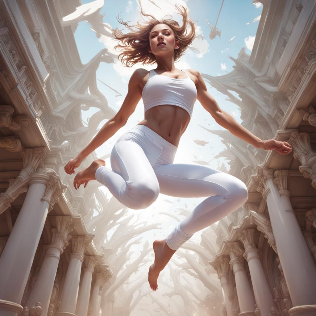 Jumping Girl in White Leggings: Dynamic Lighting Portrait