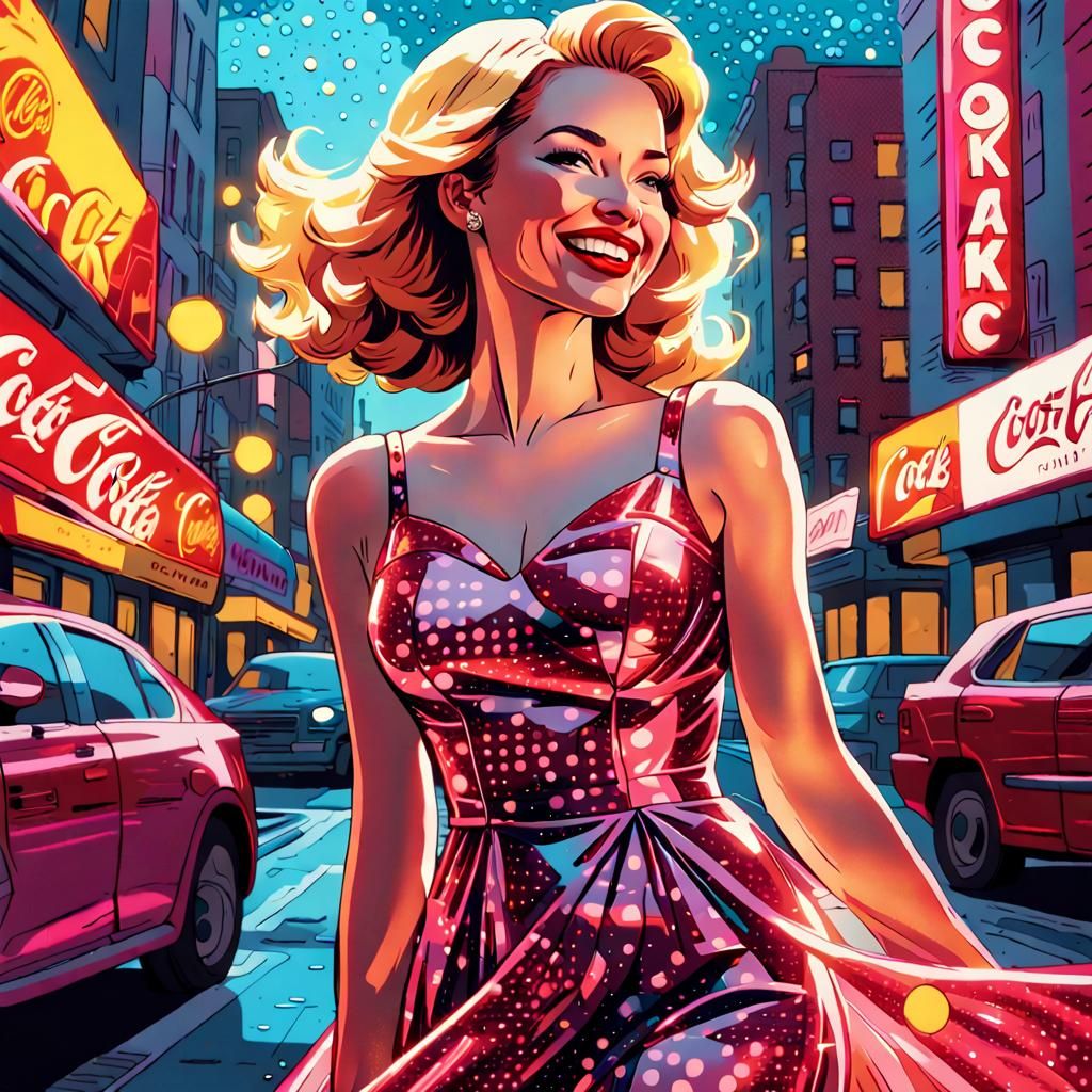 Vibrant Pop Art Portrait of Woman in Cherry Coke Dress