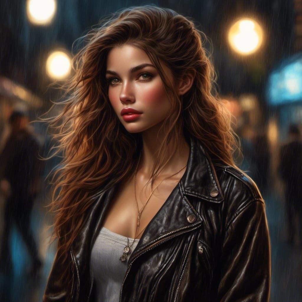 Red-Haired Woman in Crowded Street, Hyperrealistic Illustrat...