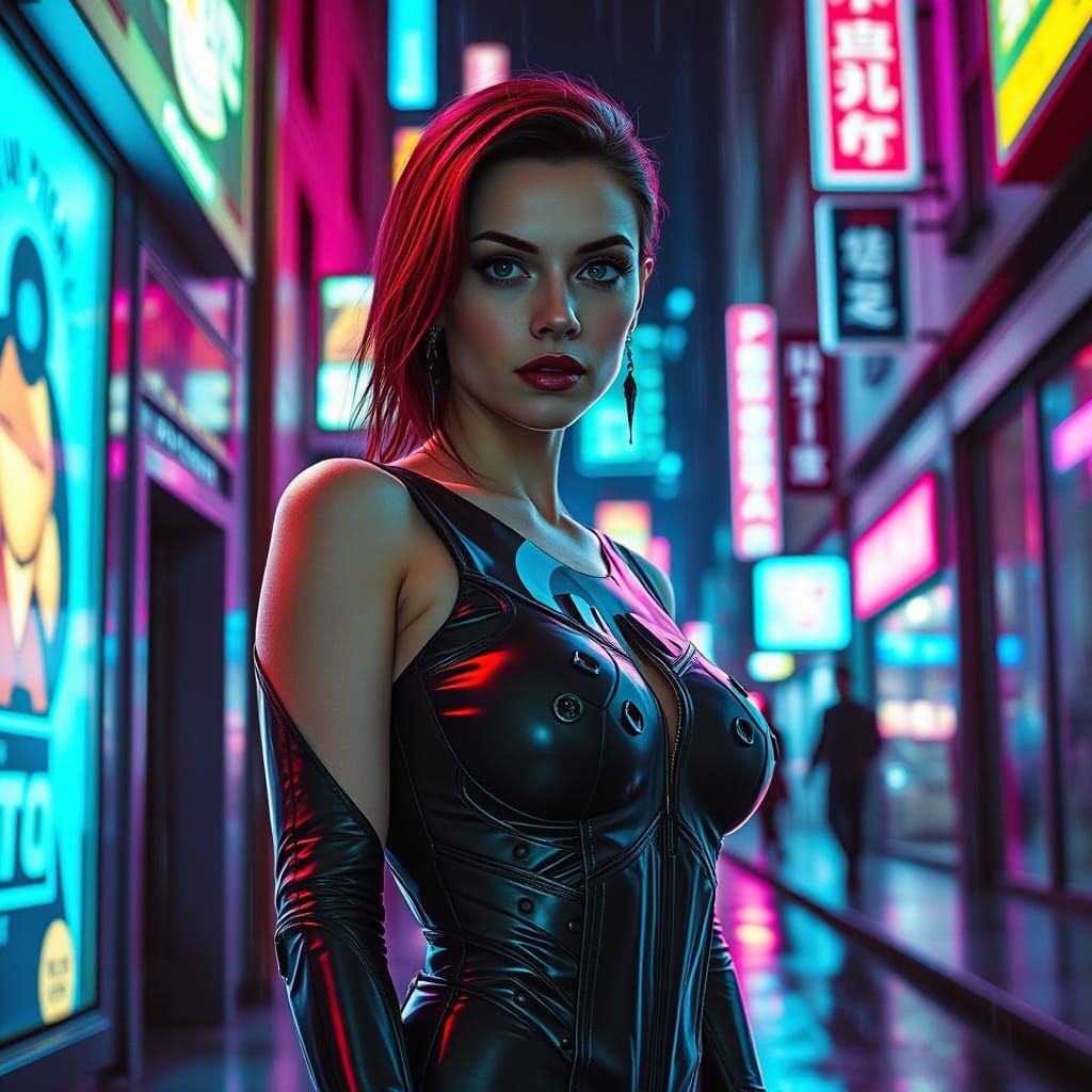 Cyberpunk Slavic Woman in Neon Alleyway