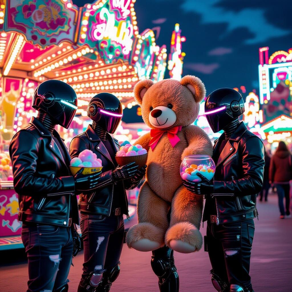 Robots Enjoying Funfair at Night in Futuristic Style