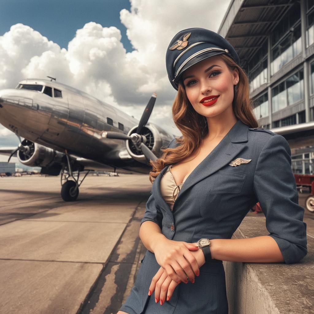 Pin-Up Girl Posing With Douglas DC-3 Aircraft