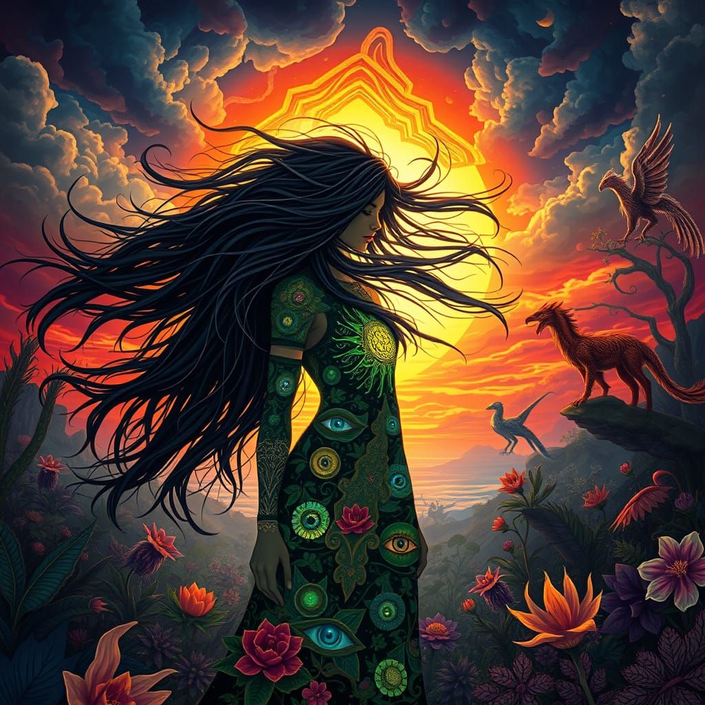 Mystical Woman in Stormy Sunset, Surrounded by Mythical Crea...