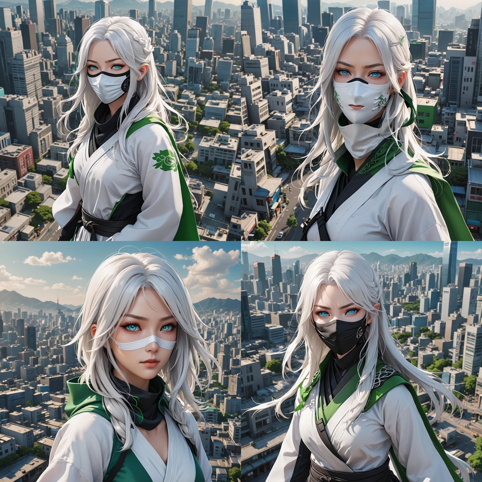 Green Ninja Girl in Anime Style Cityscape