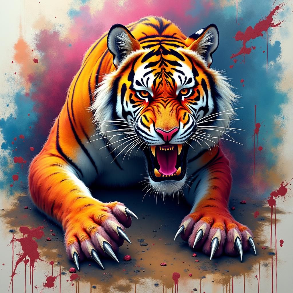 Vibrant Tiger Shredding Graffiti: Hyper-Realistic Splash Art