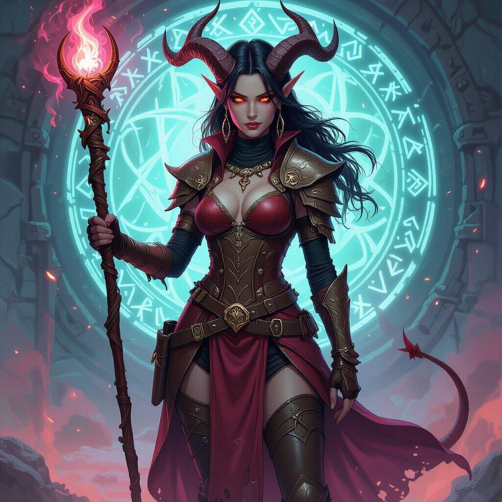 Tiefling Sorceress in Mystical Realm, Fantasy Art