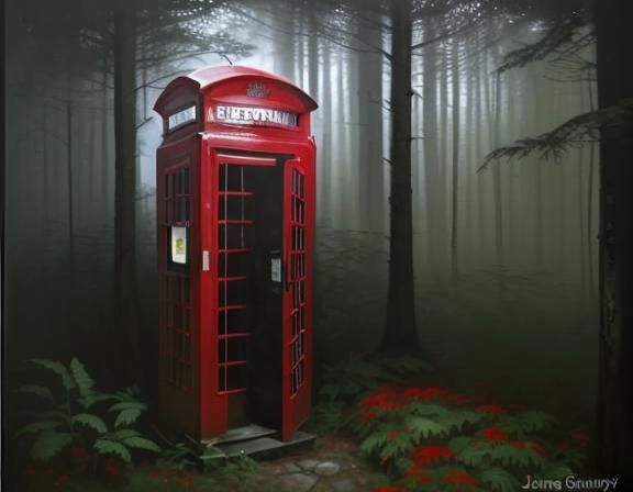 Red phone booth in the forest