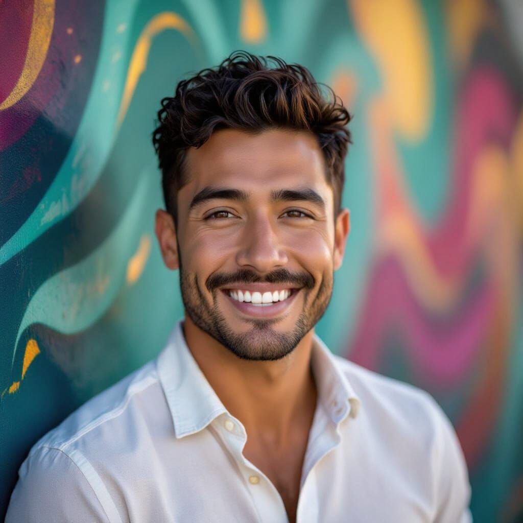 Handsome Latino Man with Warm Smile, Golden Hour Lighting