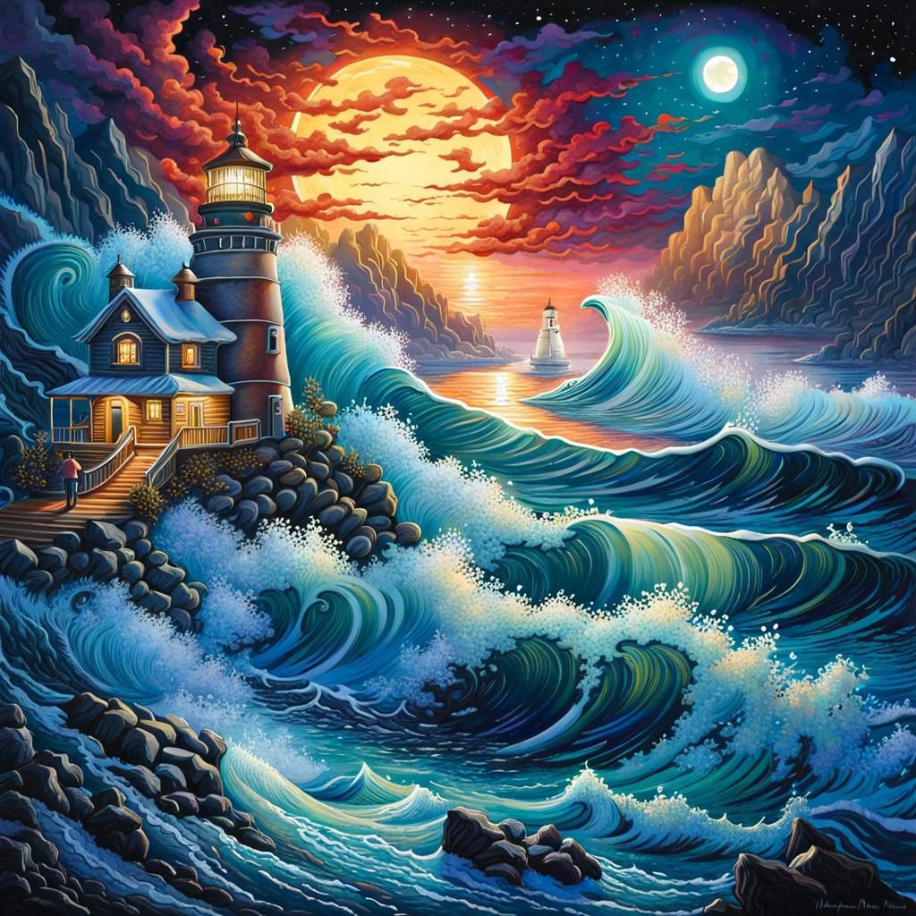 Chaotic Winter Seascape Lighthouse in Watercolor