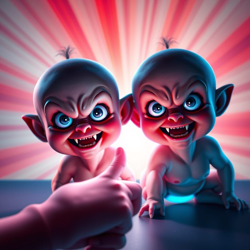 Menacing Tiny Devils Smile with Glowing Eyes and Sharp Teeth