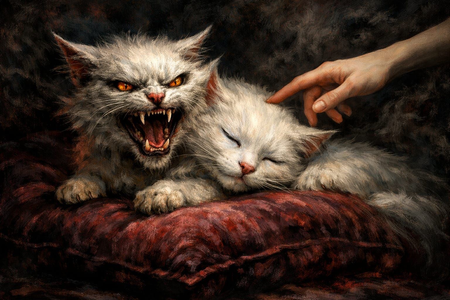 Surreal Two-Headed Cat in Chaotic Painterly Style