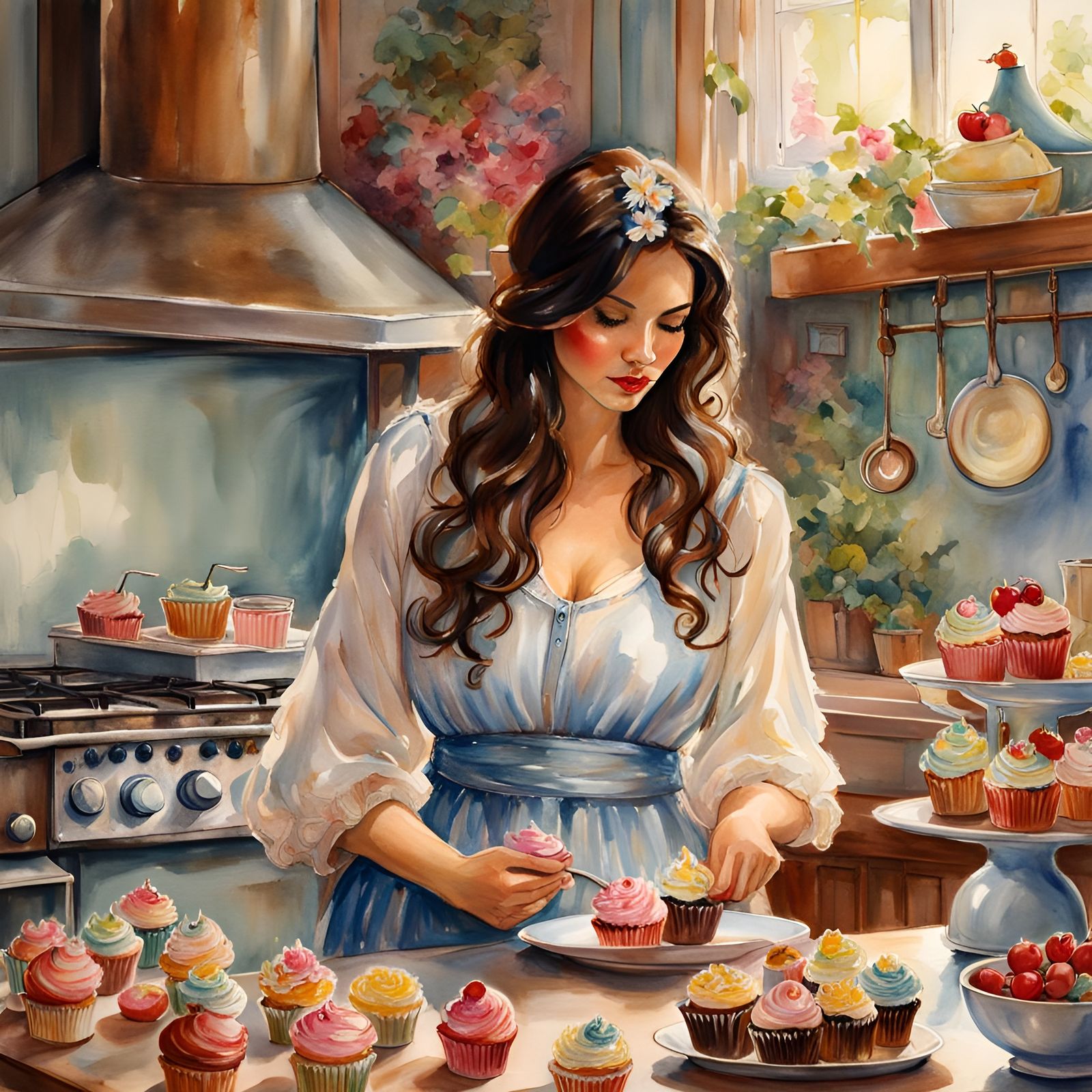 Cupcakes in Retro Kitchen, Watercolor Style