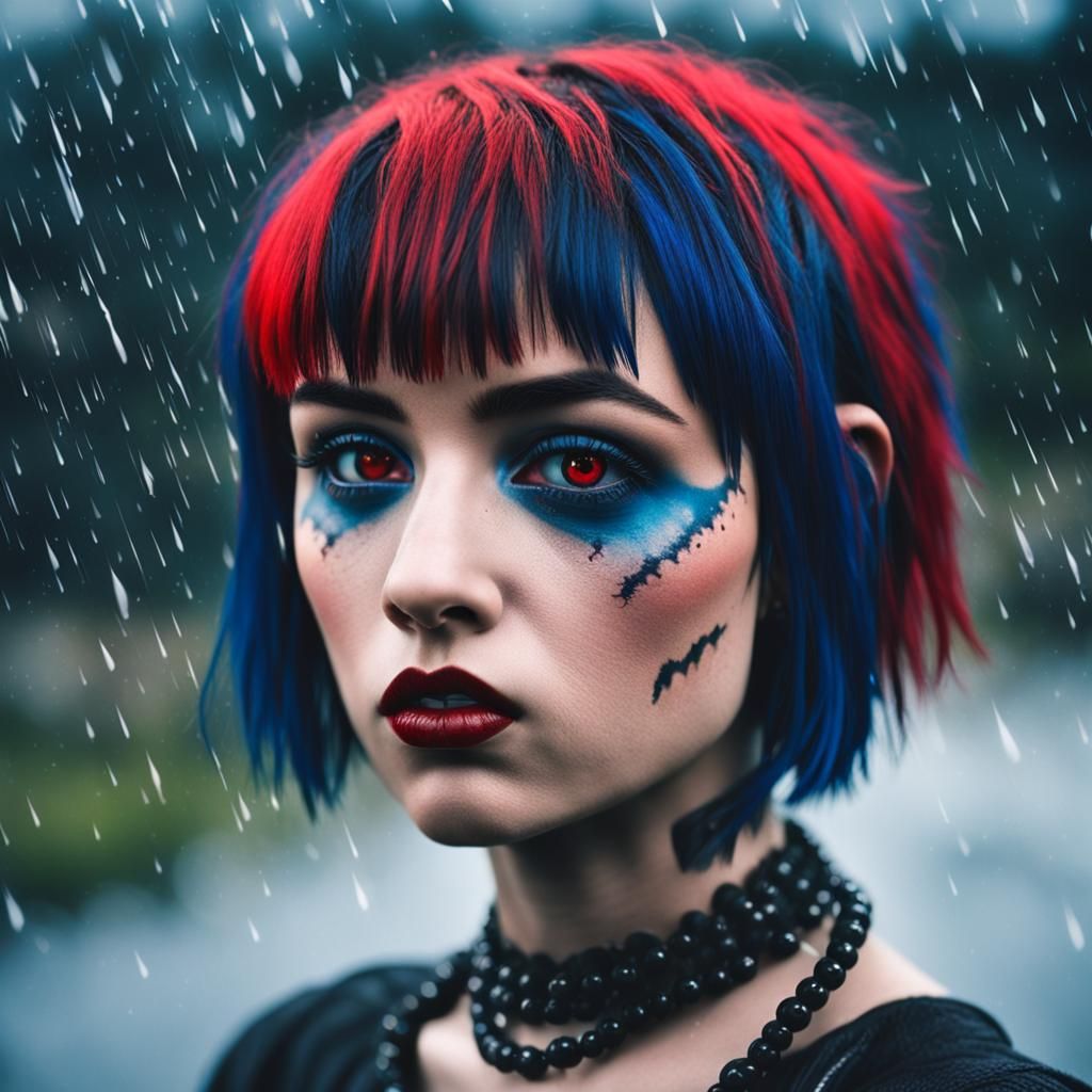 Gothic Girl with Red Eyes in Rainy Battlefield