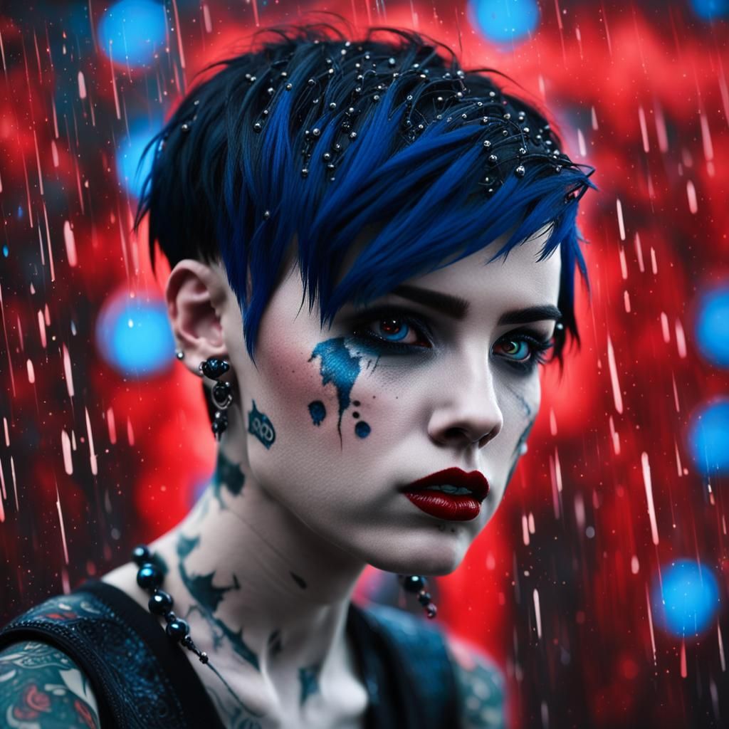 Gothic Girl with Red Eyes in Stormy Scene
