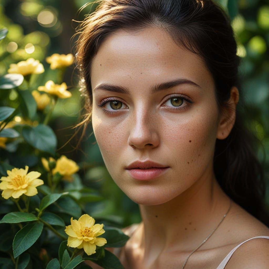 Stunning Brunette Woman in Lush Garden, Hyperrealistic Photo...