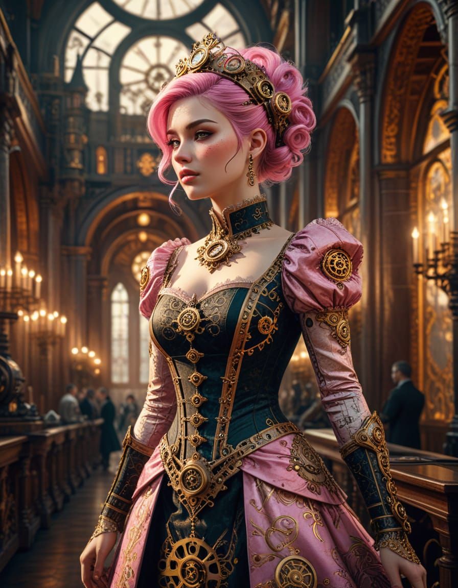 Steampunk Princess with Pink Hair in Grand Hall