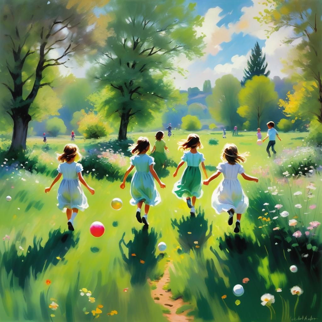 Children Playing in Meadow: Impressionist Style