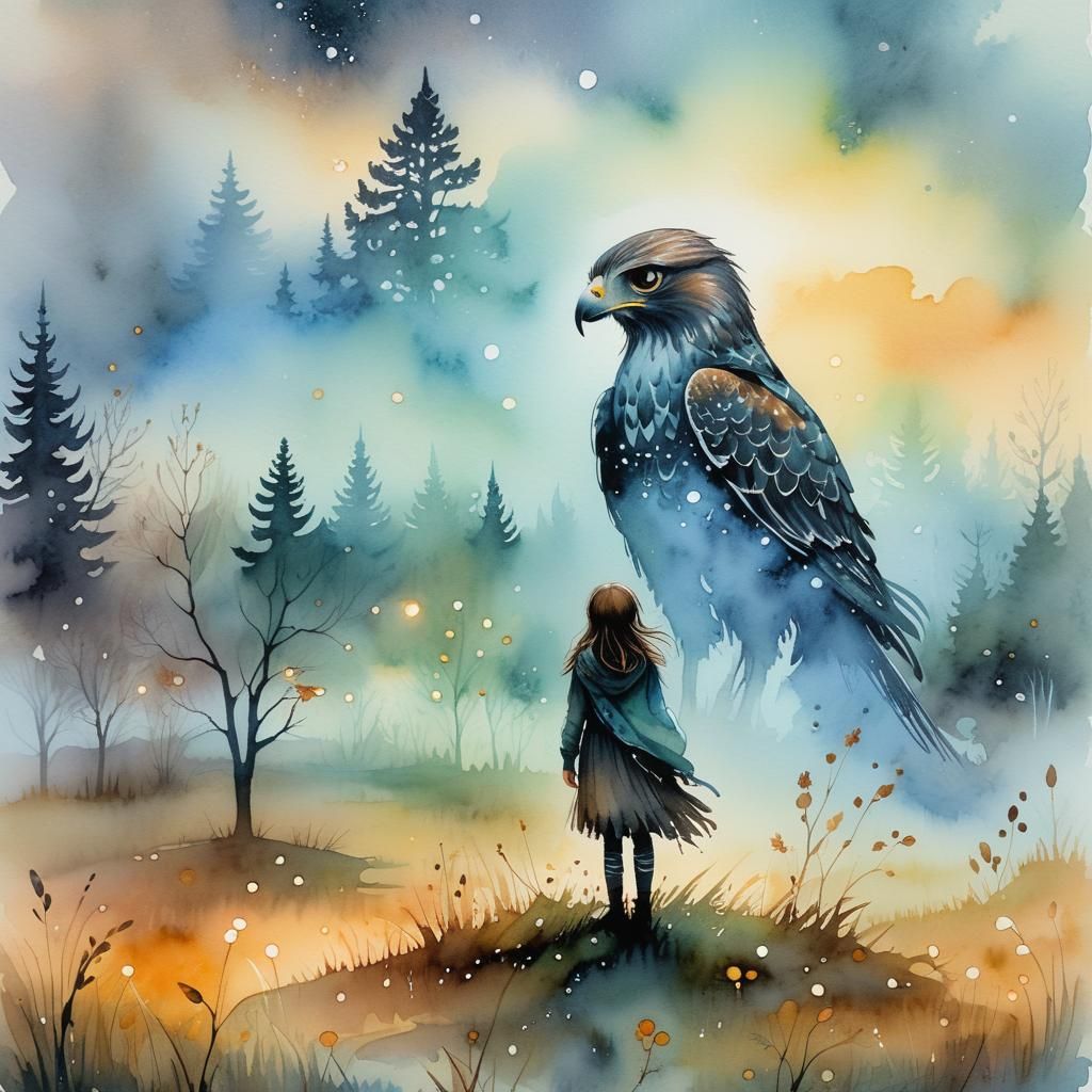 Ethereal Hawk-Girl in Dreamy Ink Watercolor