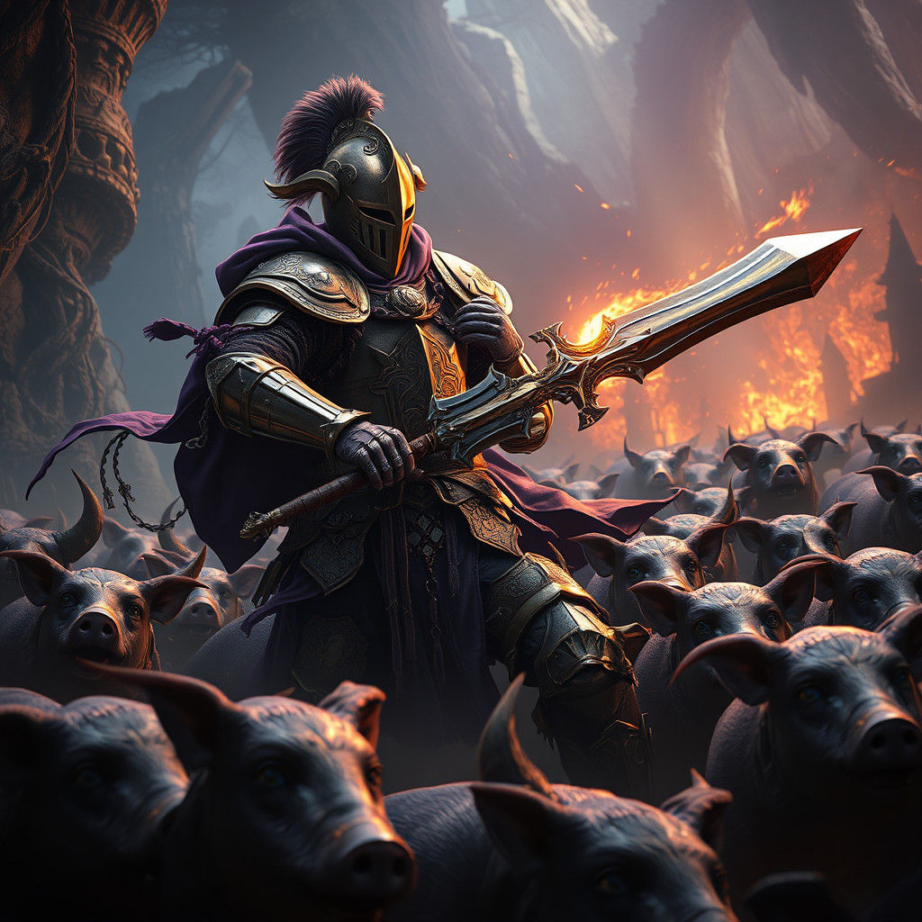 Knight Battles Swine Horde in Hellish Underworld
