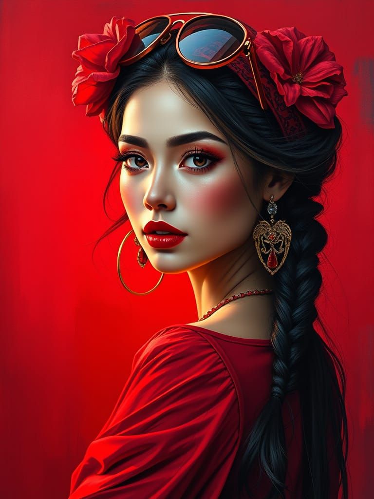 Charming Woman in Red Attire with Dynamic Lighting