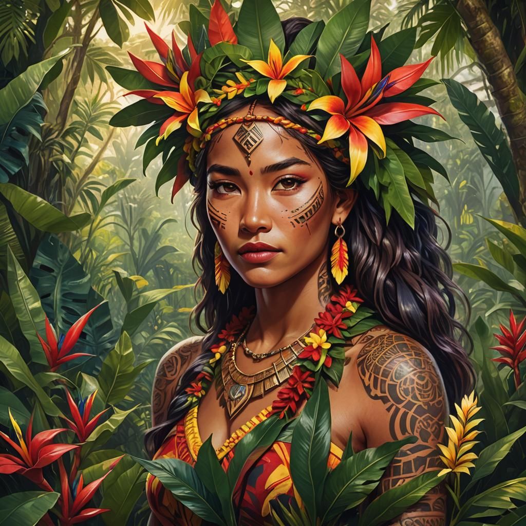 Hawaiian Kahuna in a Glowing Tropical Forest